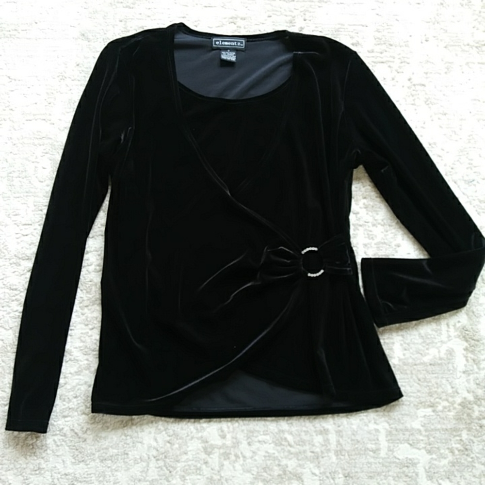 Elementz Faux Wrap Faux Rhinestone Velour Top S Black